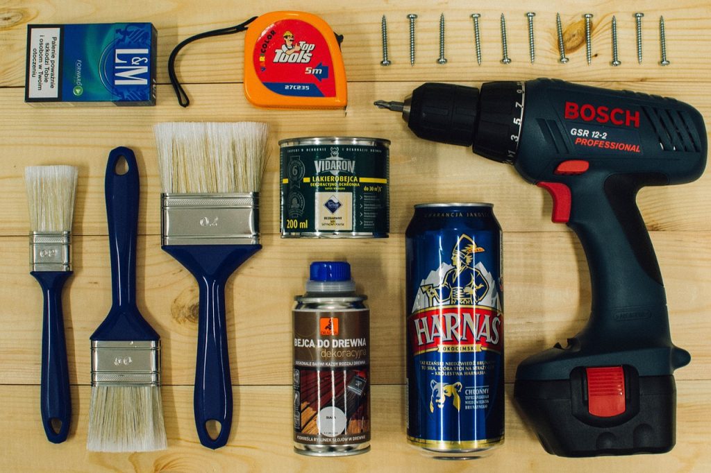 Tools arranged on a wooden surface